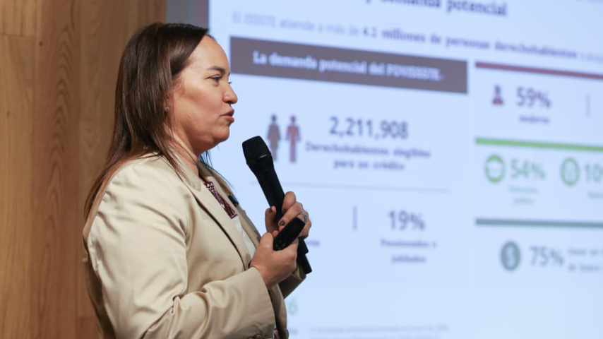 • Jabnely Maldonado Meza, vocal ejecutiva del FOVISSSTE, presentó los avances del Programa de Vivienda para el Bienestar, que incluye solución de créditos deteriorados, construcción de vivienda y una nueva relación con la derechohabiencia.